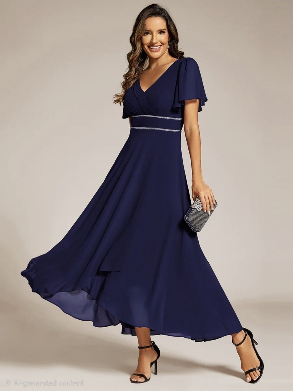 Ever Pretty Navy Blue V-Neck Maxi Dress with Silver Waist Trim